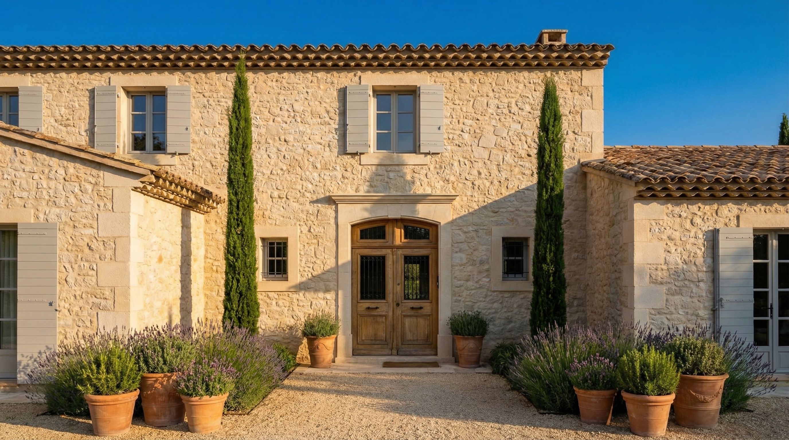 Atlas Beige Rustic limestone facade — Mediterranean villa with cypress trees