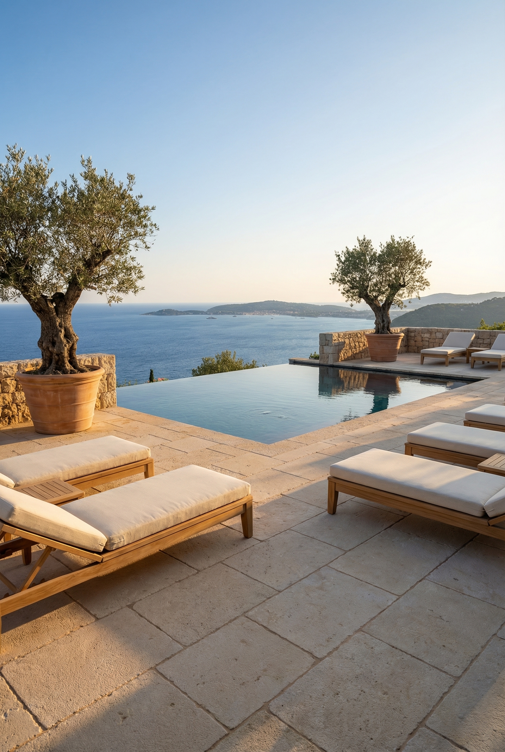 Solara Castle limestone terrace with infinity pool — Cote d Azur luxury villa